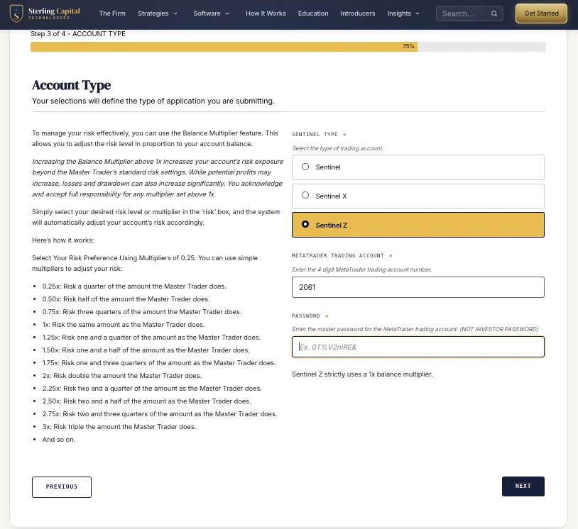 Account Type: Sentinel type, four-digit trading account, and master password.