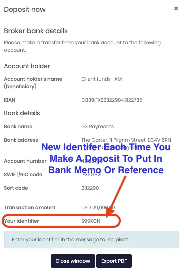 Broker bank details with the unique identifier at the bottom.