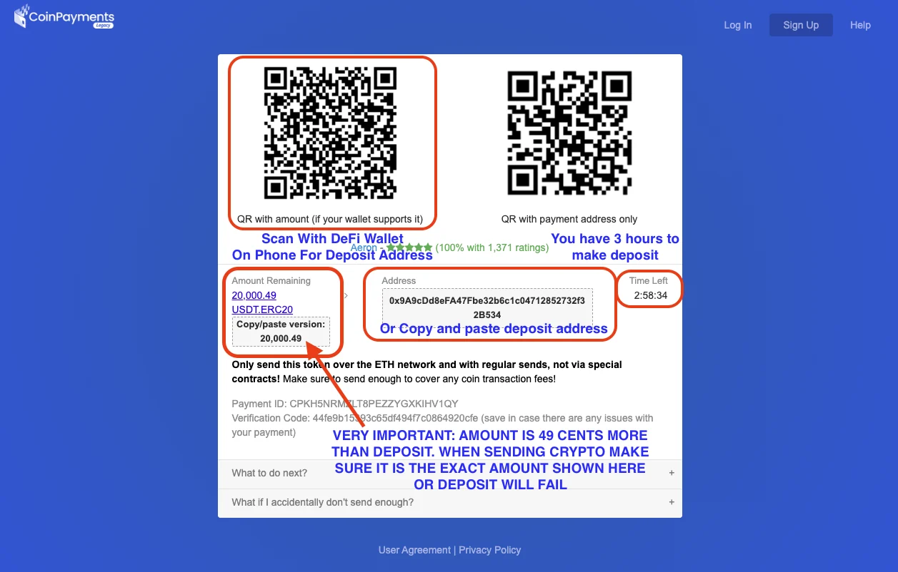 CoinPayments. Amount Remaining on the left, deposit address in the middle, timer on the right.