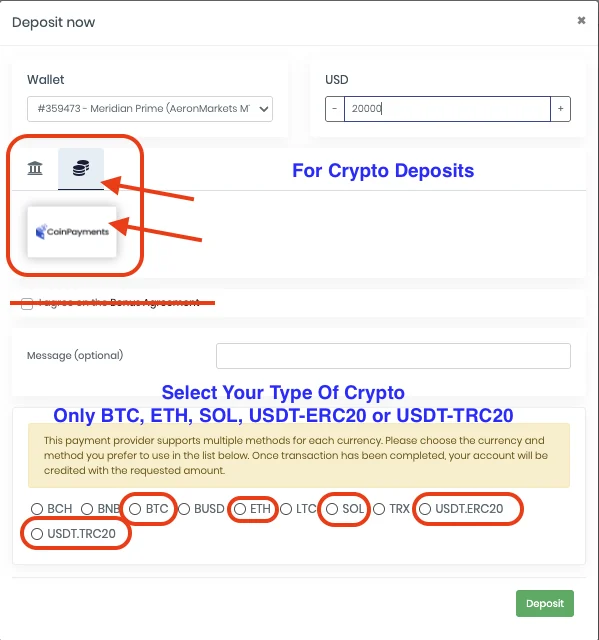 Coins icon, CoinPayments tile, and the five supported currencies.