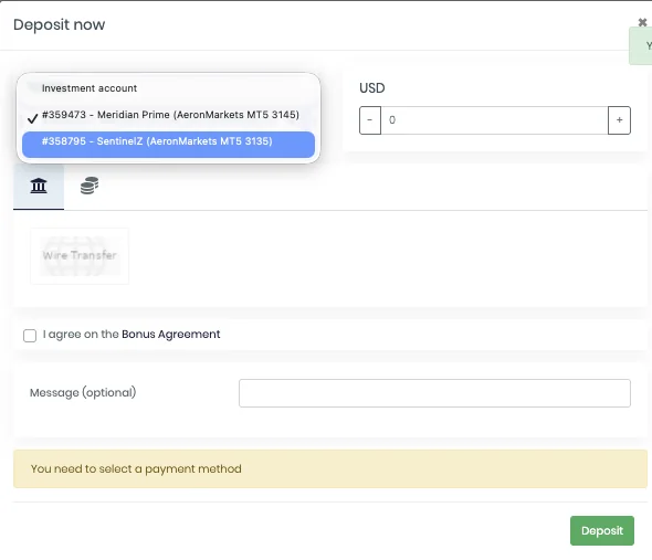 Wallet dropdown, USD amount, and the two funding icons.