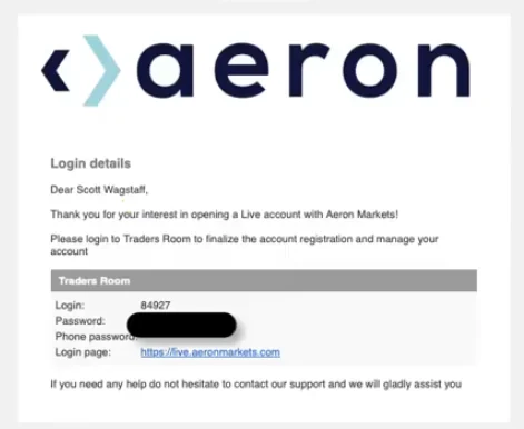The Login details email from support@aeronmarkets.com.