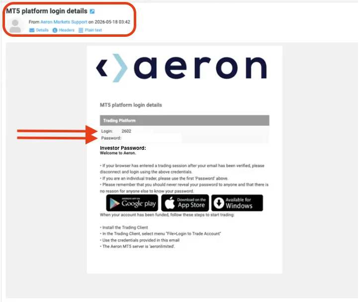 The MT5 platform login details email. Use the Login and the Password beneath it, not the Investor Password.