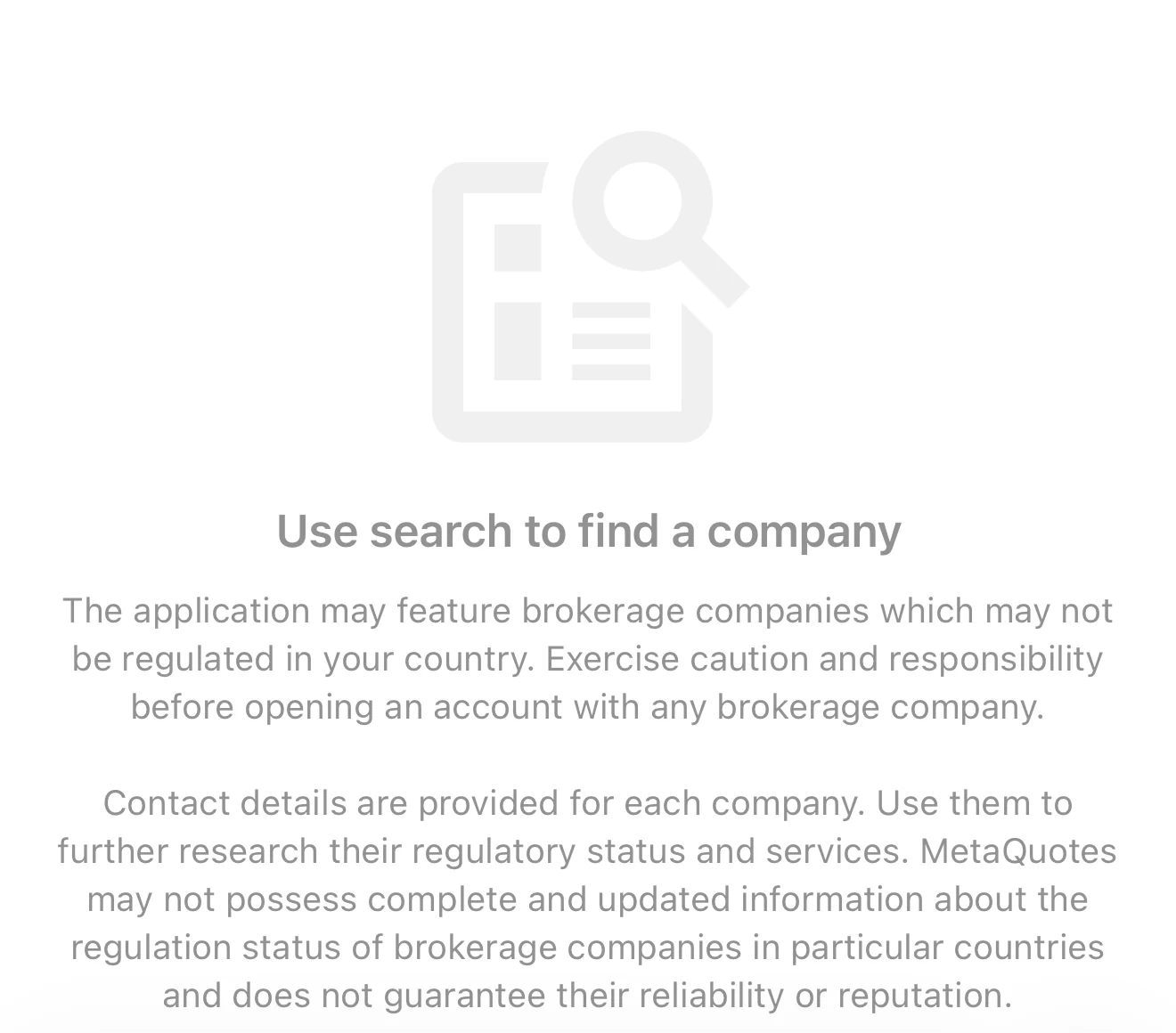 Broker search inside the MT5 app.
