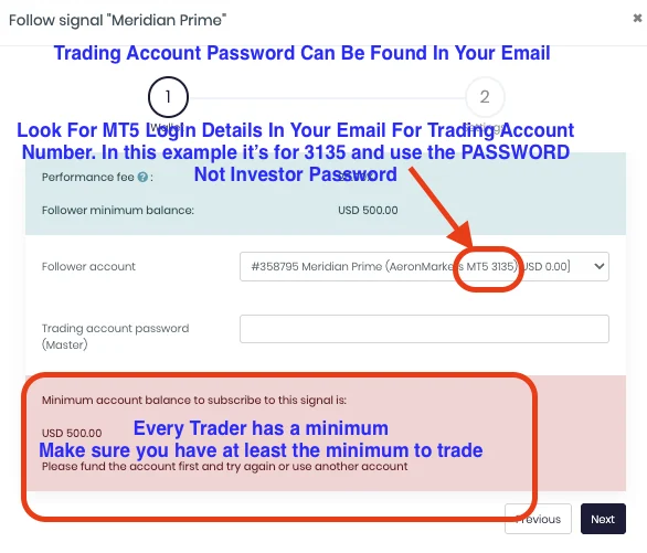 Match the account number in the dropdown to the Login in your MT5 email.