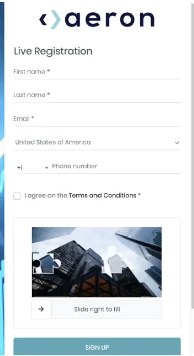 The Aeron Markets live registration form.