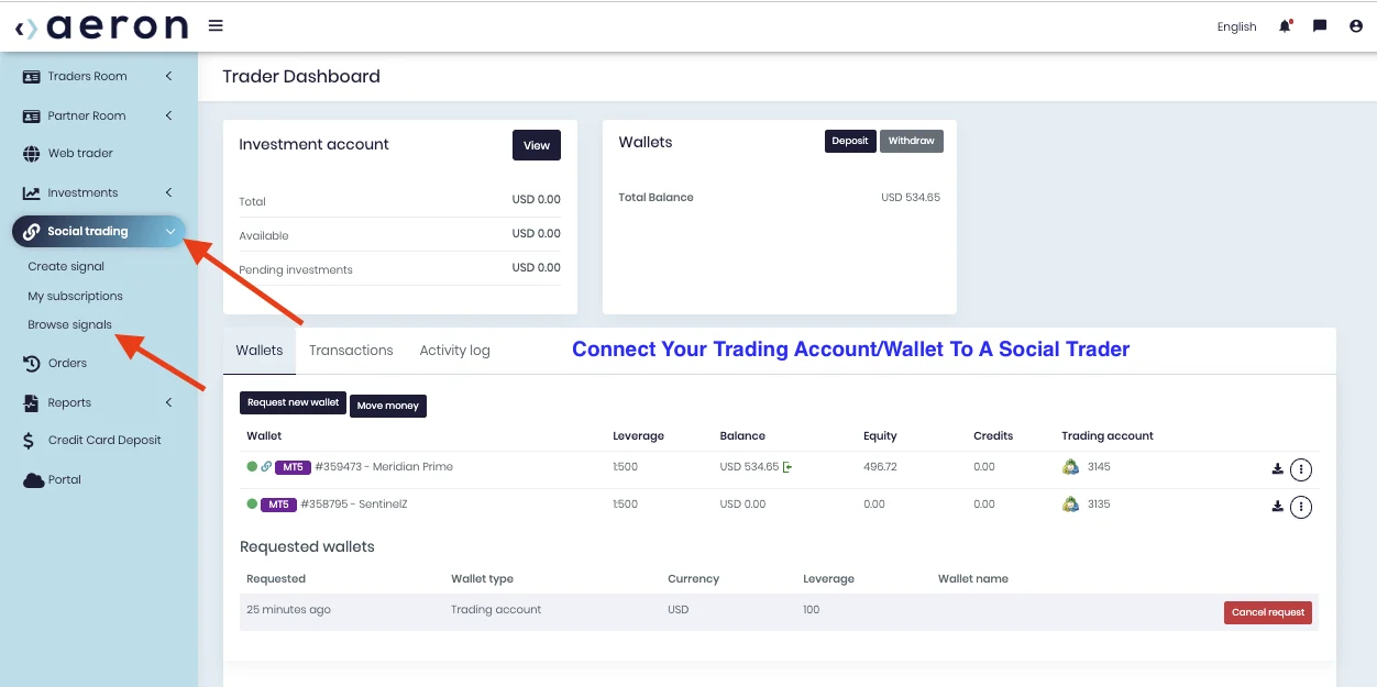 Social trading menu: Create signal, My subscriptions, Browse signals.