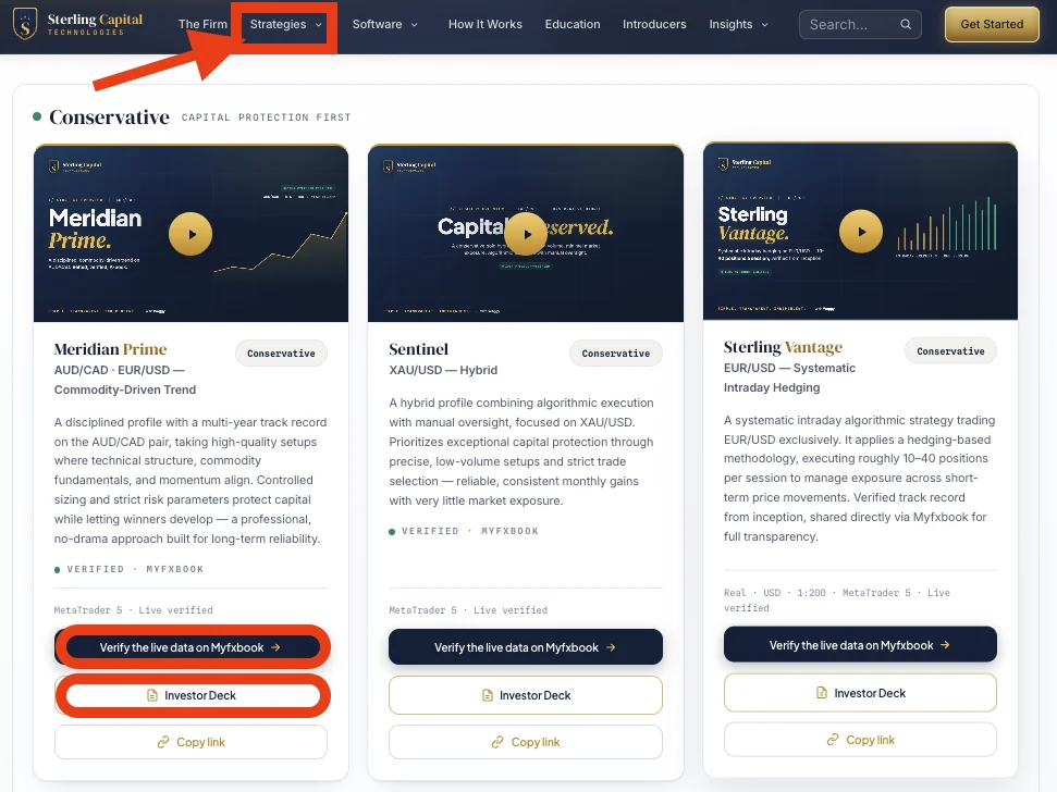Strategies. Open the Myfxbook record and the Investor Deck for each trader.