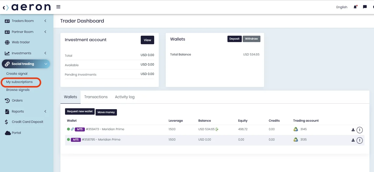 My subscriptions in the Social trading menu.
