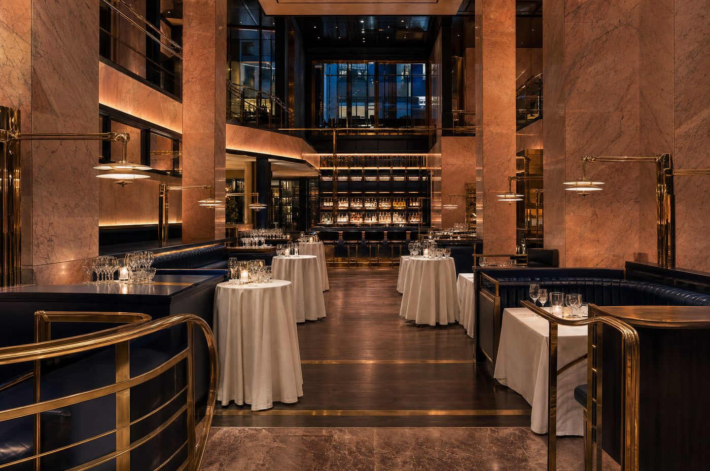Trump Grill: peach marble, brass, dark wood and navy leather on the lower level of the Trump Tower atrium
